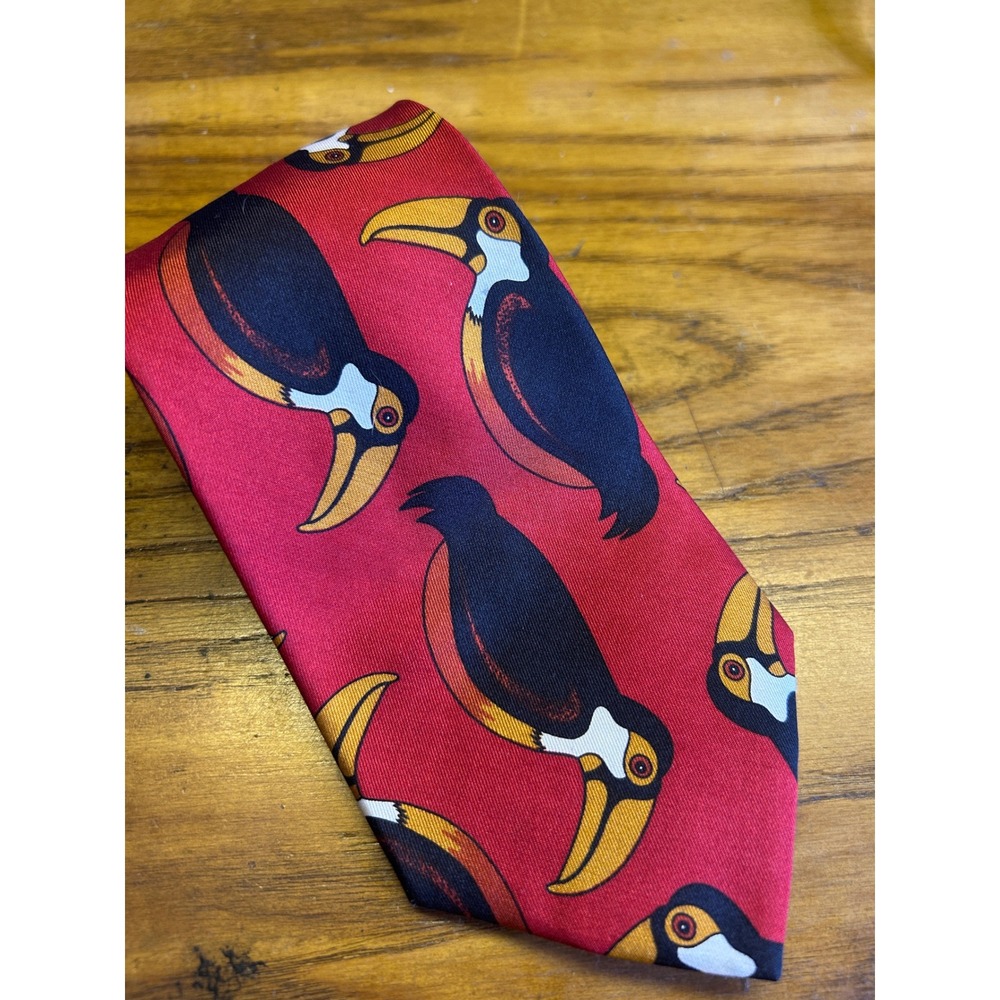 Bubb Toucan Silk Tie Mens One Size Red Italian‎ Fabric Tropical Bird Print